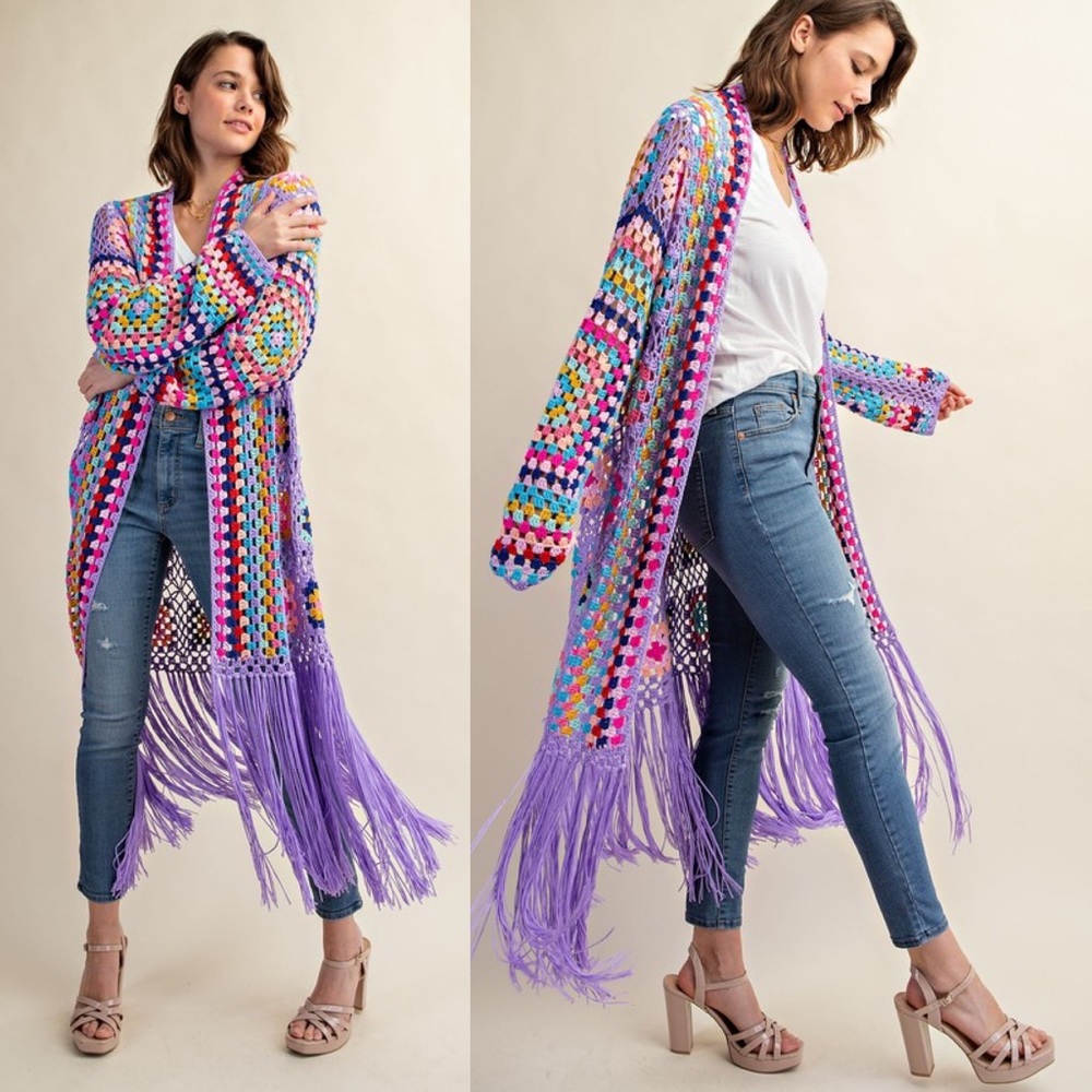*24 HOUR SALE*Destination Secured Lavender Granny Crochet Fringe Cardigan Duster - Picture 4 of 7